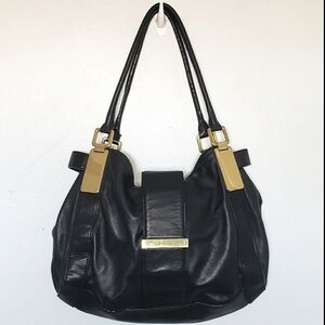Banana Republic black leather with gold accents tote satchel purse